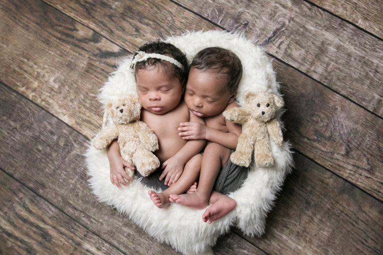 Newborns with teddy bears professional photography for multiples in Naperville, IL